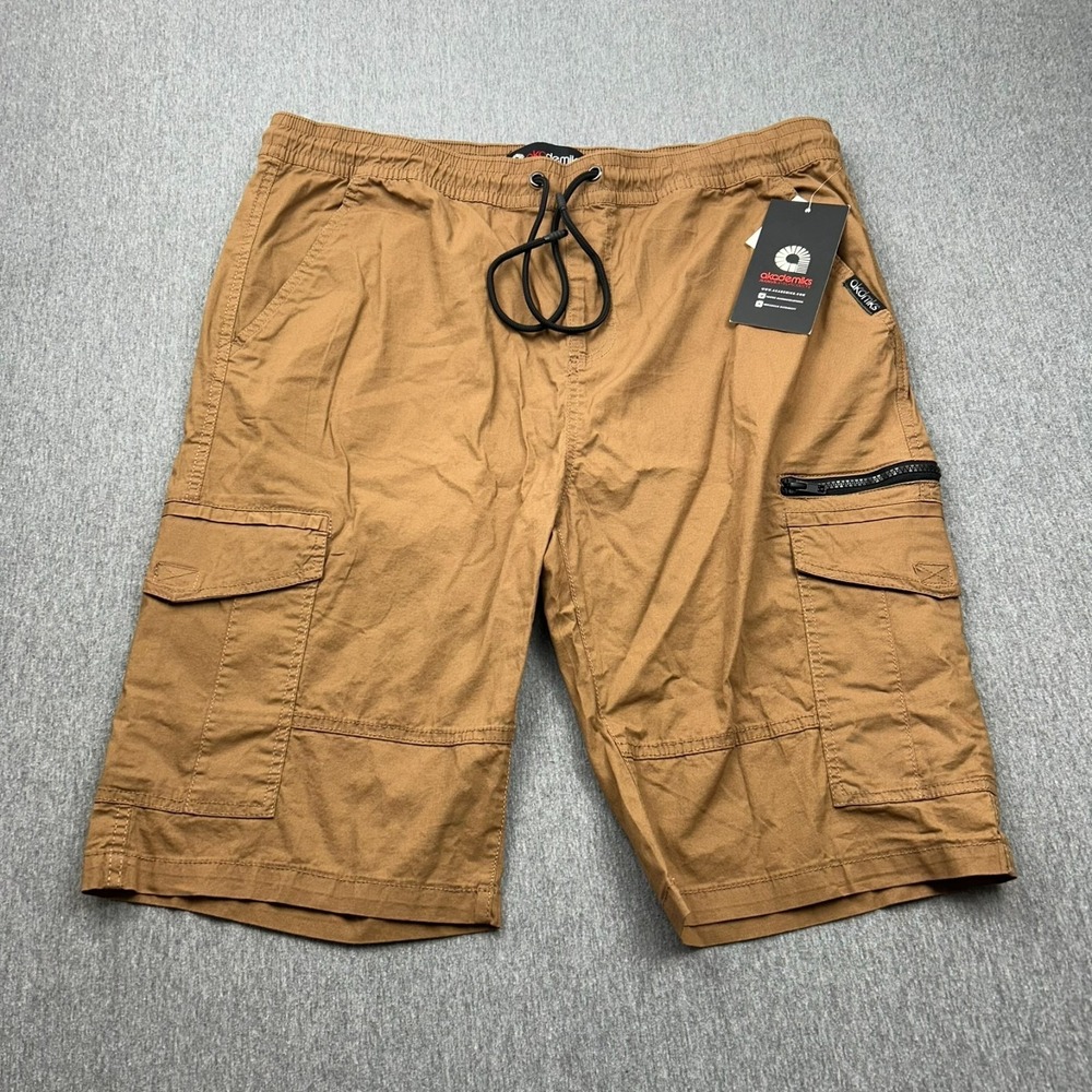Akademiks British Khaki Cargo Shorts Mens 2XL 12" Inseam Drawstring NEW
